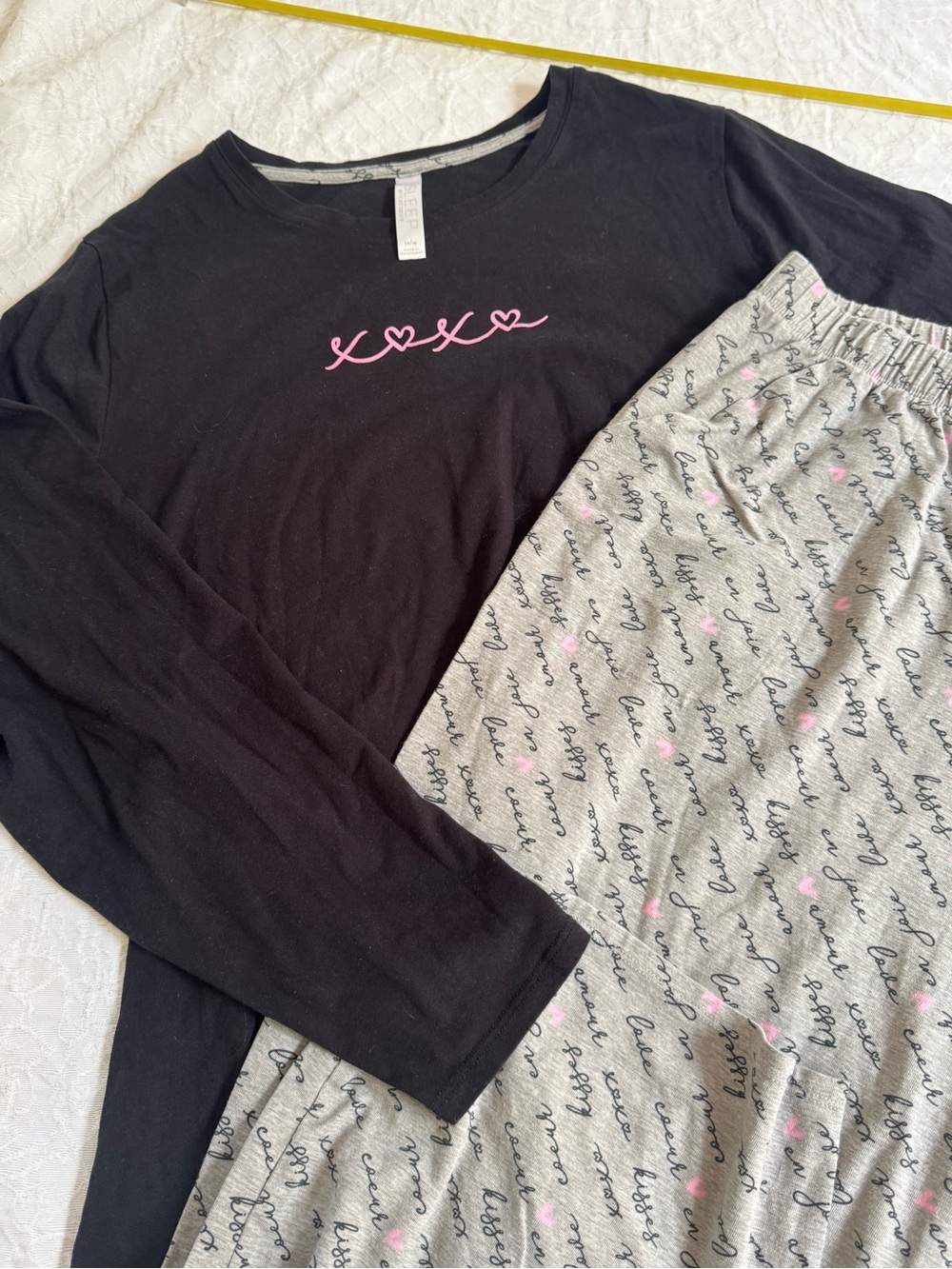 Cacique Black Top and Gray Heart-Print Pajama Set with Pink Accents
